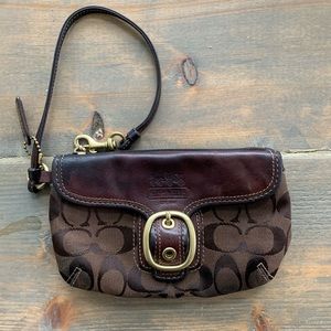 Coach brown leather/cloth wristlet